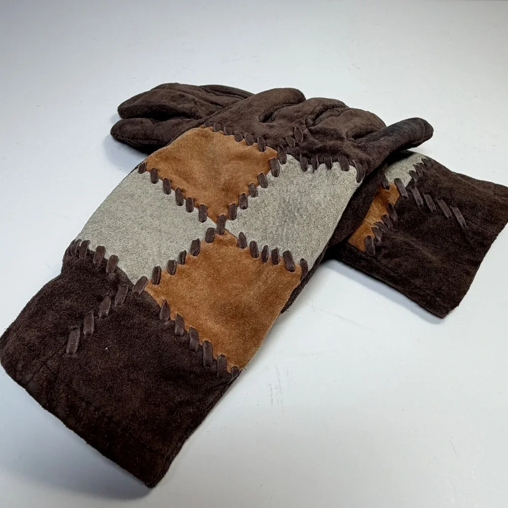 Vintage Faux Suede Gloves Orvis Womens One Size Patchwork Brown Boho Western